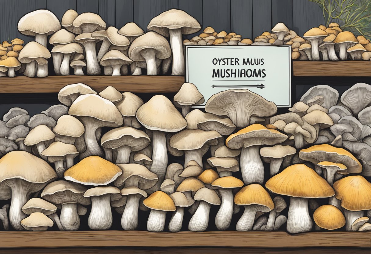 A table displaying various oyster mushrooms, with a sign indicating where to buy them