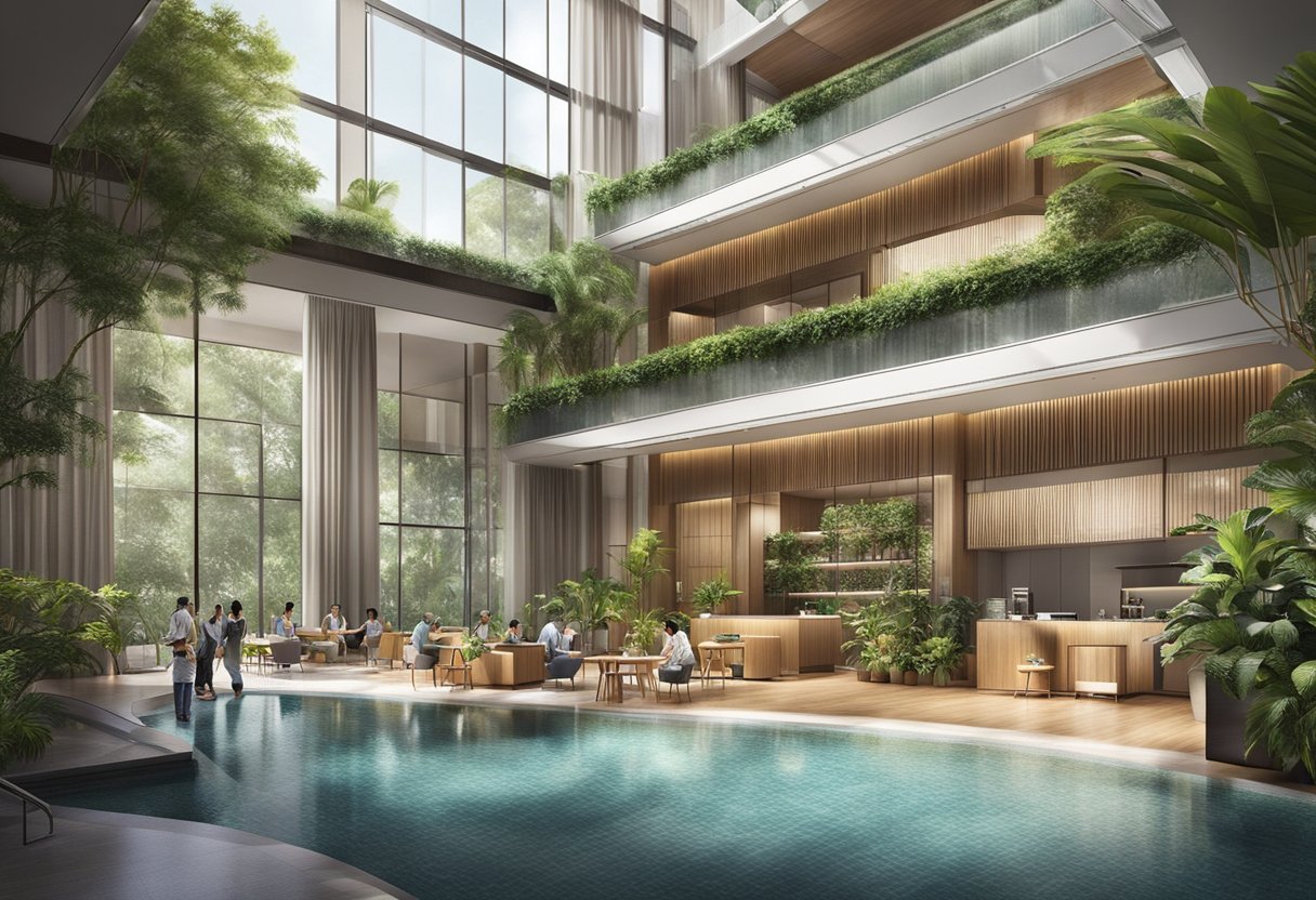 The Oasia Residence in Singapore features a modern lobby with sleek furniture and a welcoming reception desk. The facilities include a gym, swimming pool, and lush greenery in the outdoor area
