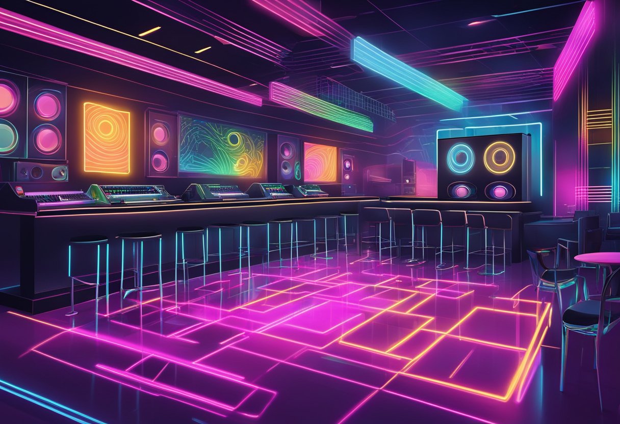 Vibrant neon lights shine on a bustling dance floor, surrounded by sleek bars and pulsating speakers in a modern Singapore club