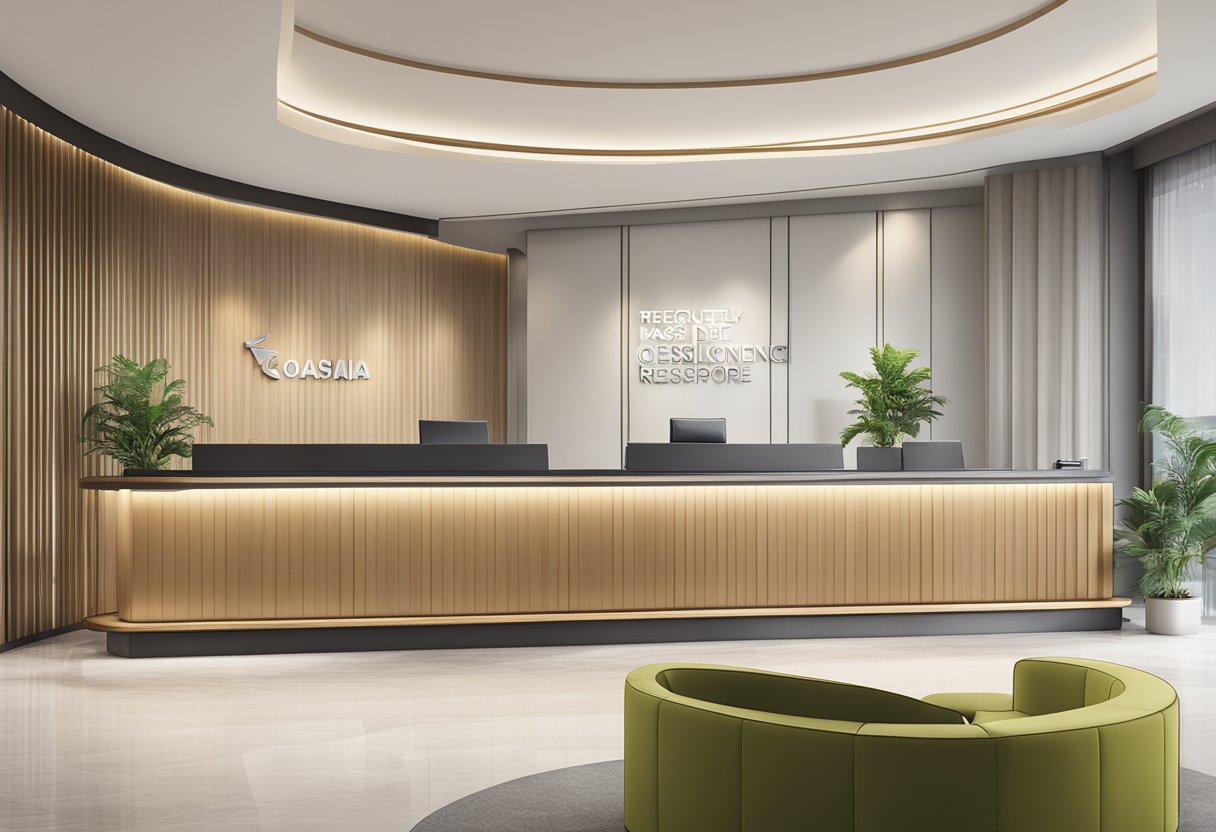 A modern lobby with a reception desk, comfortable seating, and a large sign displaying "Frequently Asked Questions oasia residence singapore."