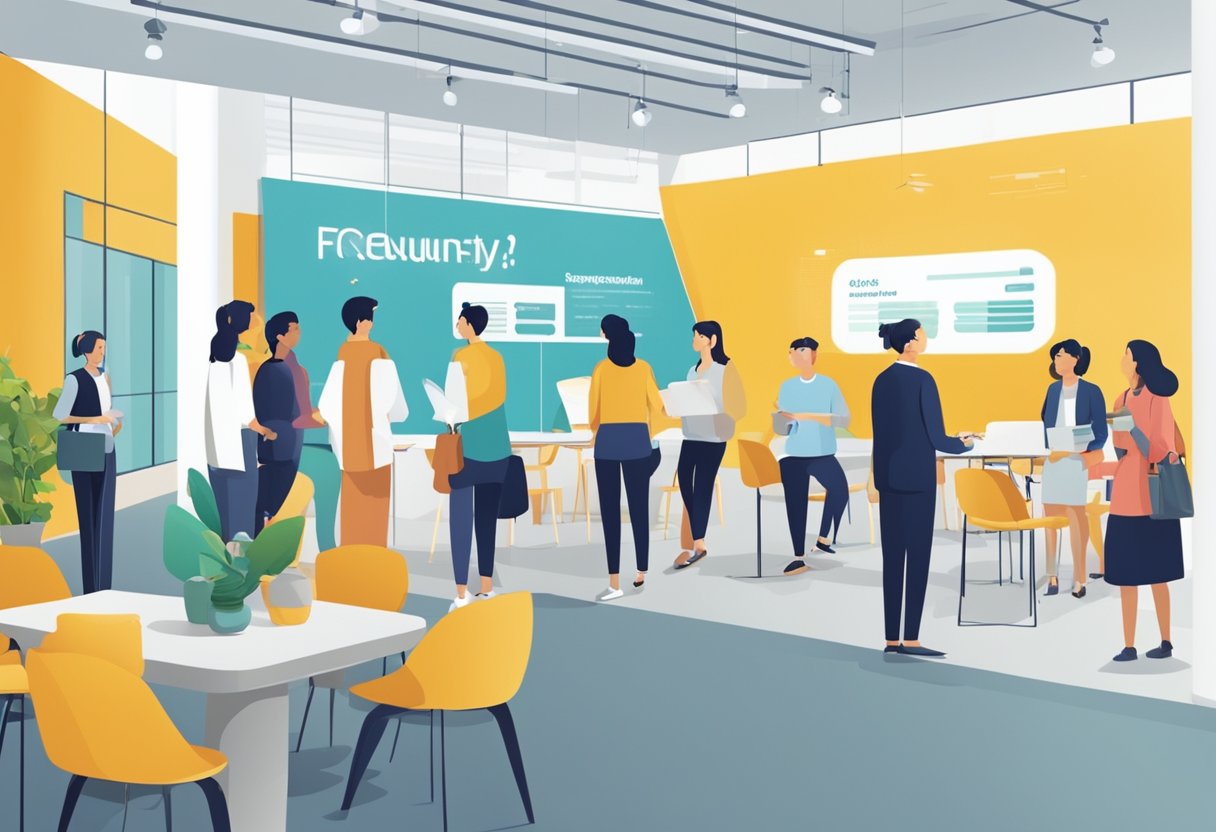 A group of people gathered in a modern, vibrant space, engaged in conversation and exchanging information. Signage and displays highlight the topic of "Frequently Asked Questions clubs in Singapore."