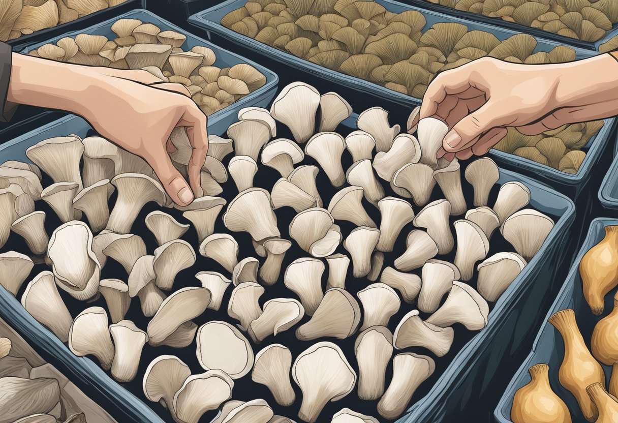 A hand reaches for oyster mushrooms at a local market. The mushrooms are then carefully stored in a refrigerator at home