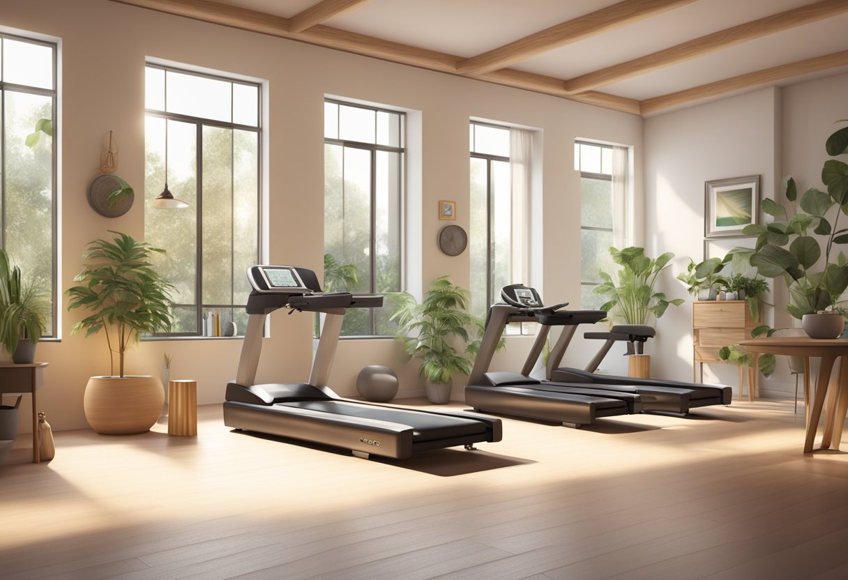 A serene studio with pilates equipment, soft lighting, and peaceful ambiance