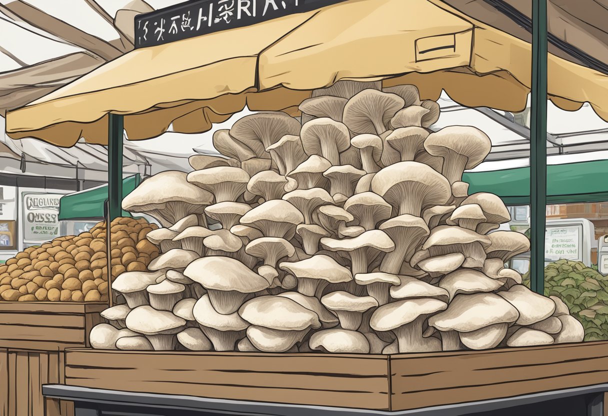 A stack of oyster mushrooms displayed on a market stand with a sign reading "Frequently Asked Questions: where to buy oyster mushrooms."
