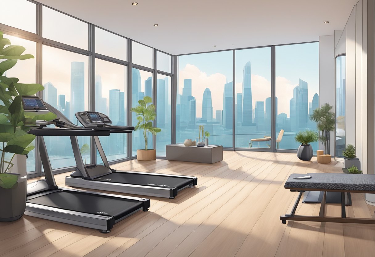A serene studio with Pilates equipment set against a backdrop of Singapore's cityscape