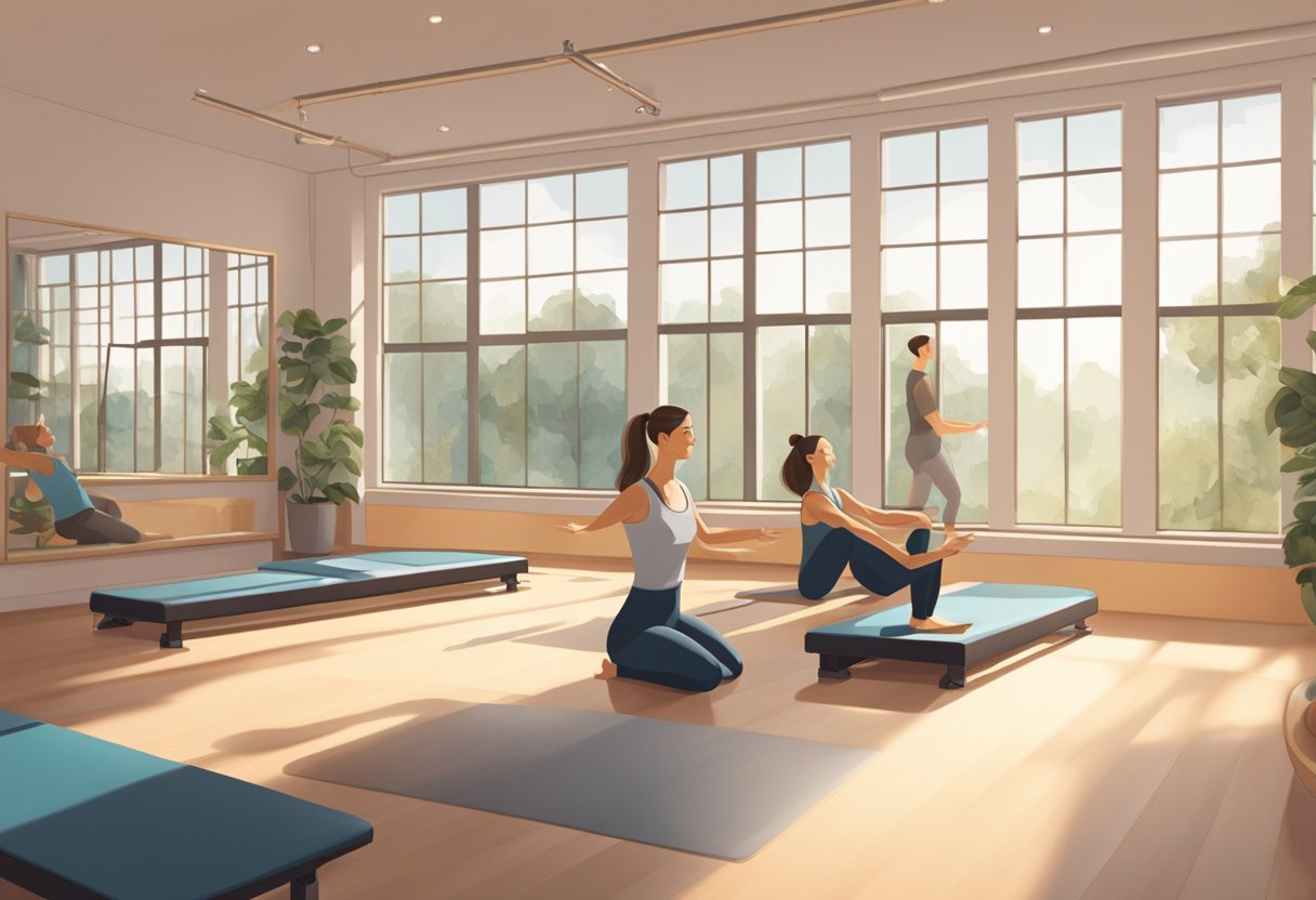 A serene studio with Pilates equipment, soft lighting, and peaceful ambiance. A trainer guides a client through exercises