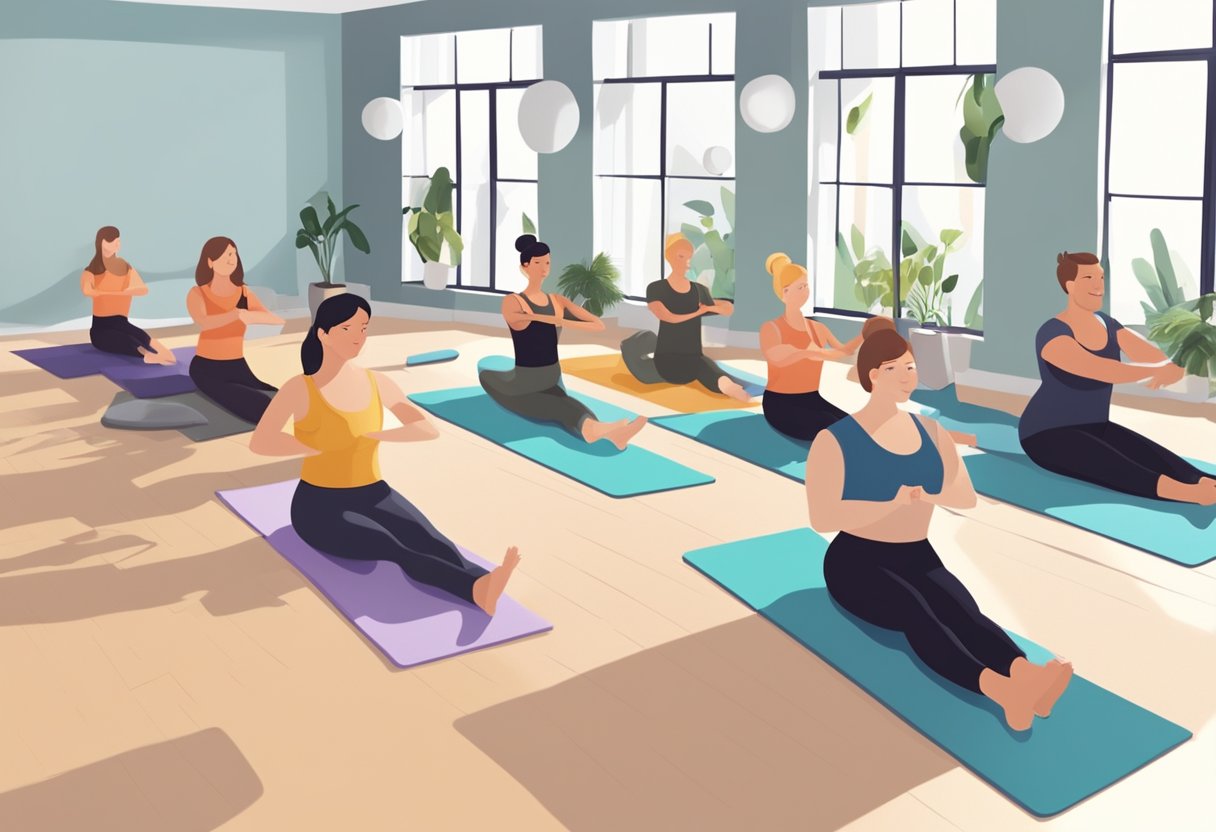 A group of people gathered in a bright, spacious studio, engaging in various Pilates exercises. A friendly instructor leads the class, while others work on equipment or mats