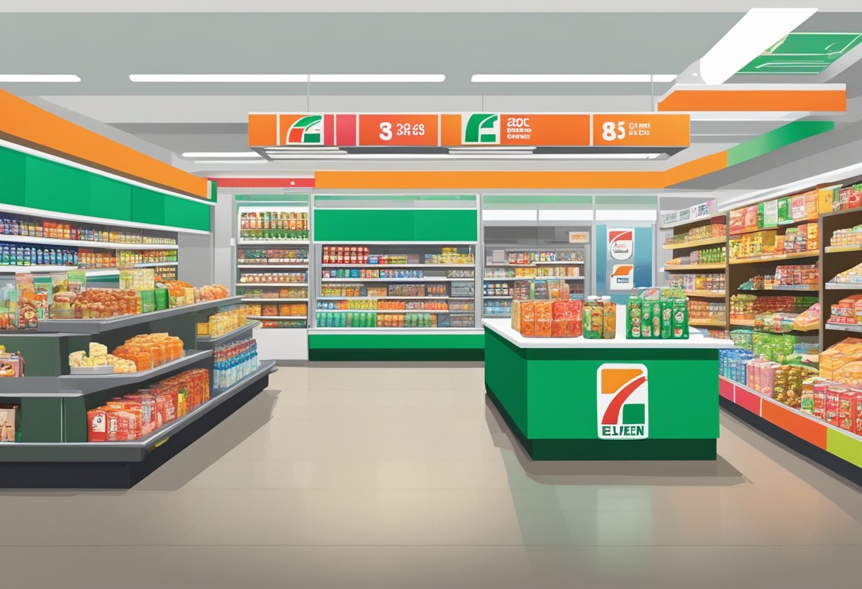 A bustling 7 Eleven store in Singapore, with bright signage, shelves stocked with snacks and drinks, and customers browsing the aisles