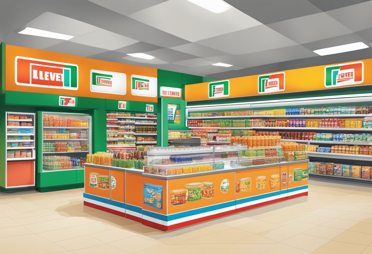 The 7 Eleven store in Singapore offers a variety of products and services, including snacks, drinks, and convenience items. The store is brightly lit with colorful signage and shelves stocked with merchandise
