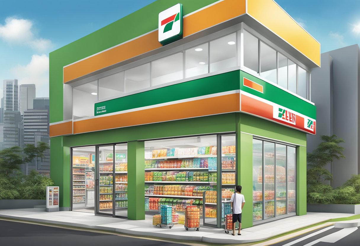 The 7 Eleven store in Singapore is easily accessible with clear signage and a wide entrance for customers