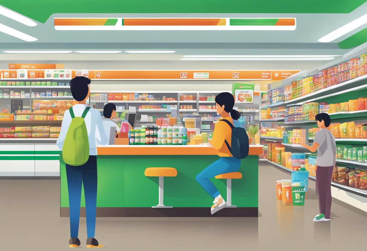 A busy 7 Eleven store in Singapore, with customers browsing shelves and staff at the counter. Brightly lit and well-stocked