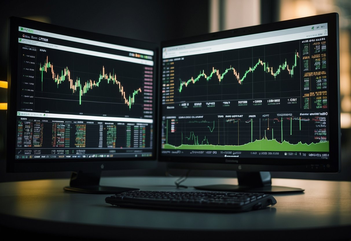A computer screen displays Bitstamp's platform with trading charts, order books, and a live feed of cryptocurrency prices