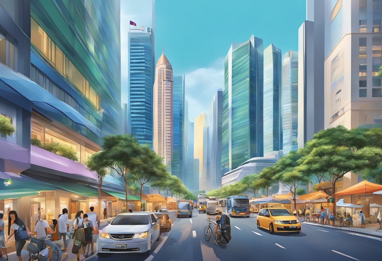 A bustling street in RHB Singapore, with towering skyscrapers and vibrant city life