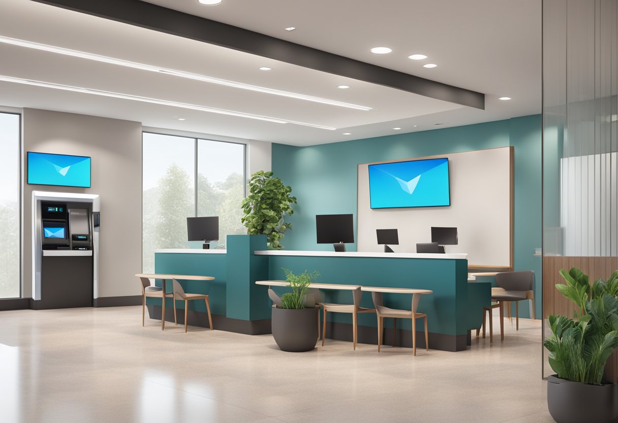 A modern, sleek bank branch with a welcoming entrance, digital screens, and comfortable seating areas for customers