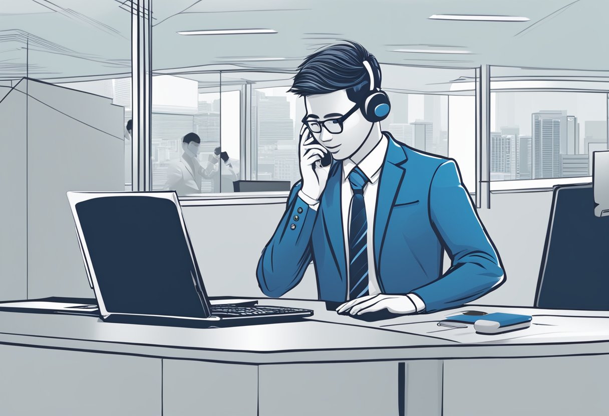 A customer service representative assisting a client over the phone with the RHB Singapore logo in the background