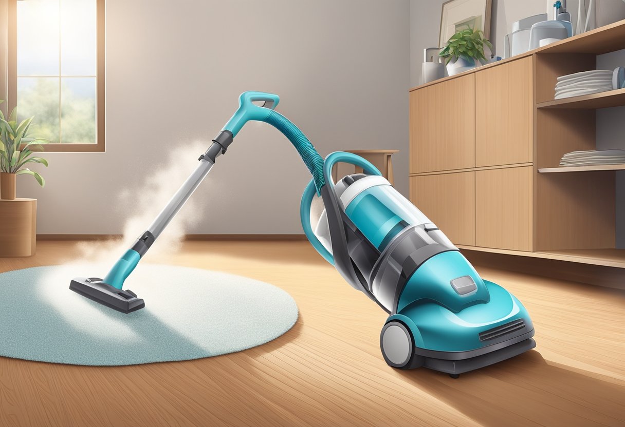 A vacuum cleaner glides across a pristine carpet, while a duster swirls through the air, removing dust from shelves and surfaces. A mop leaves behind sparkling clean floors, and the scent of fresh cleaning products fills the air