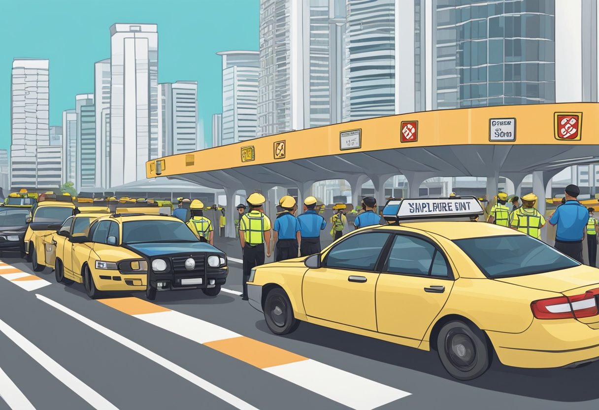 Vehicles lined up at Singapore checkpoint, with uniformed officers inspecting and directing traffic. Tall border fences and security cameras in the background