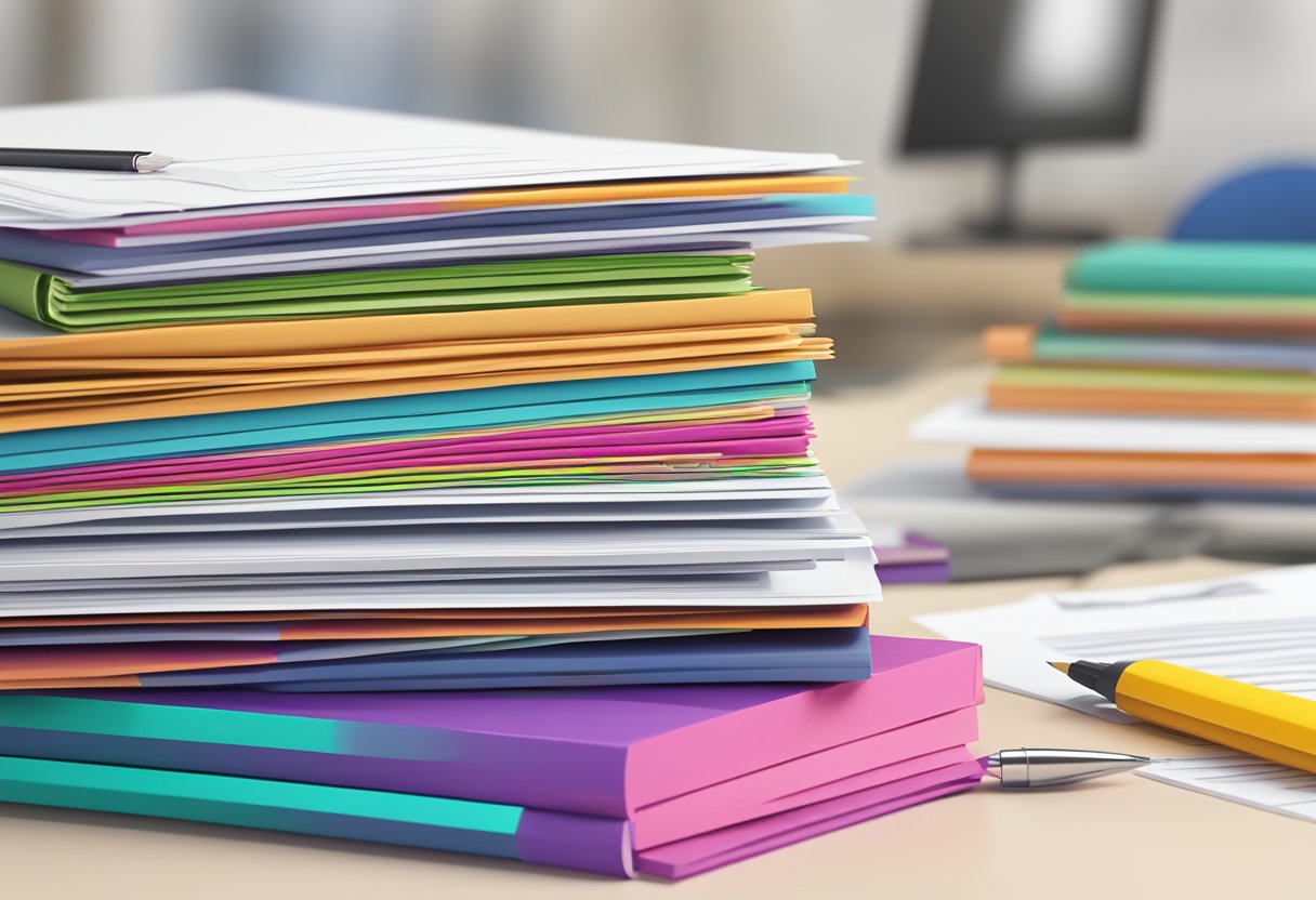 A stack of colorful "Frequently Asked Questions" pamphlets on a clean, modern desk with a laptop and pen nearby