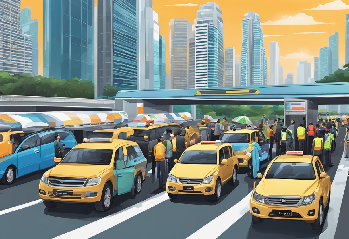 A bustling checkpoint in Singapore, with vehicles lined up, security personnel conducting checks, and a backdrop of city skyscrapers