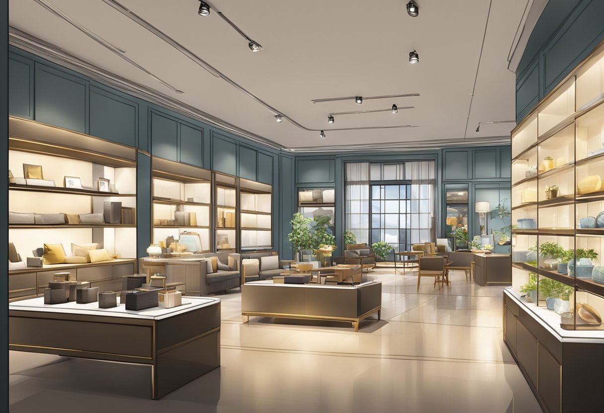 A spacious furniture shop in Singapore, filled with modern and traditional pieces. Bright lighting highlights the elegant displays and inviting atmosphere