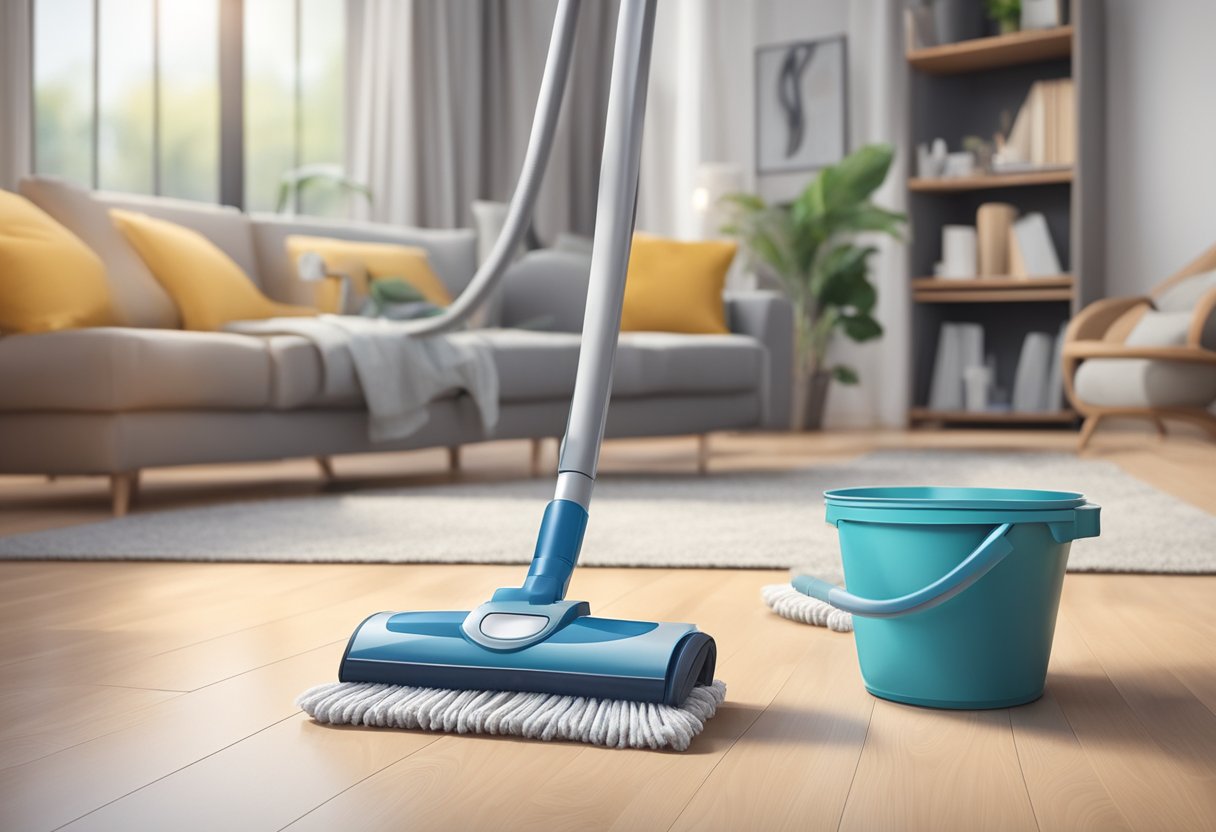 A vacuum cleaner and mop sit next to a bucket of cleaning supplies in a tidy living room, ready for comprehensive home cleaning services