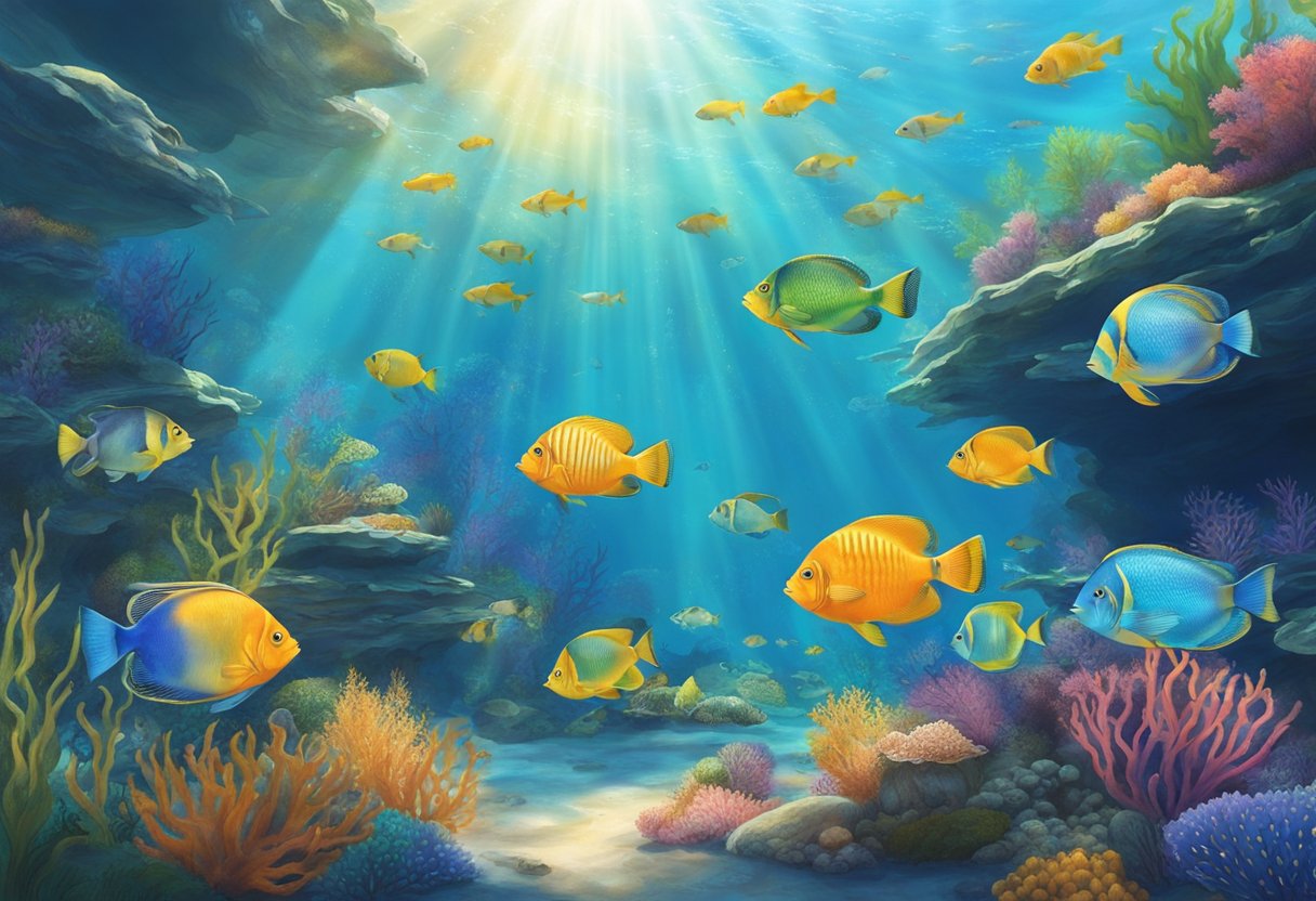 Colorful fish swim in the clear blue waters of the Singapore aquarium, surrounded by vibrant coral and seaweed. Rays of sunlight filter through the water, creating a mesmerizing underwater world
