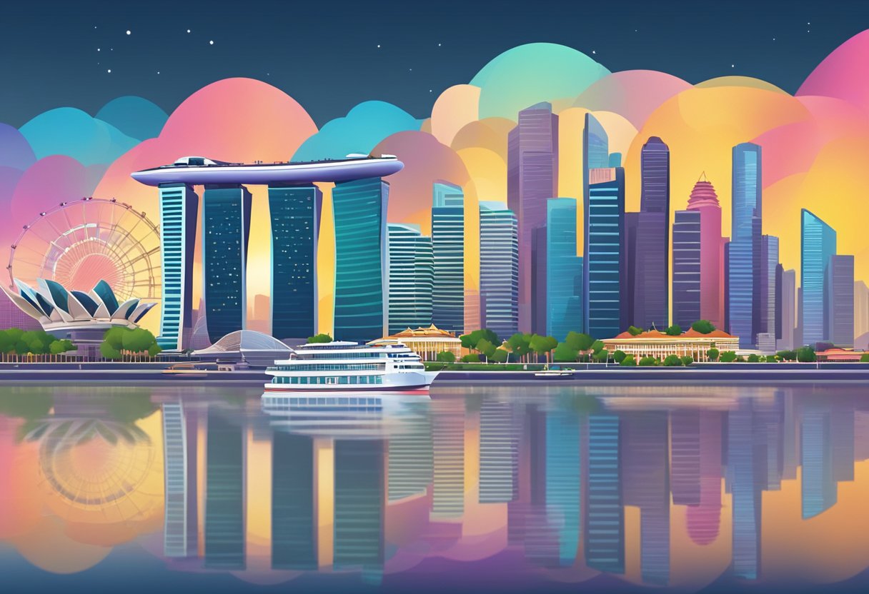 A colorful skyline of Singapore with iconic landmarks and modern buildings