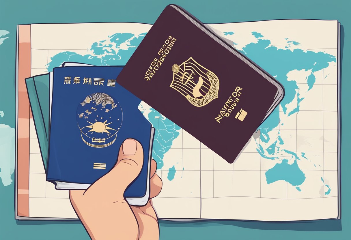A hand holding a China visa and a Singapore passport against a map of both countries