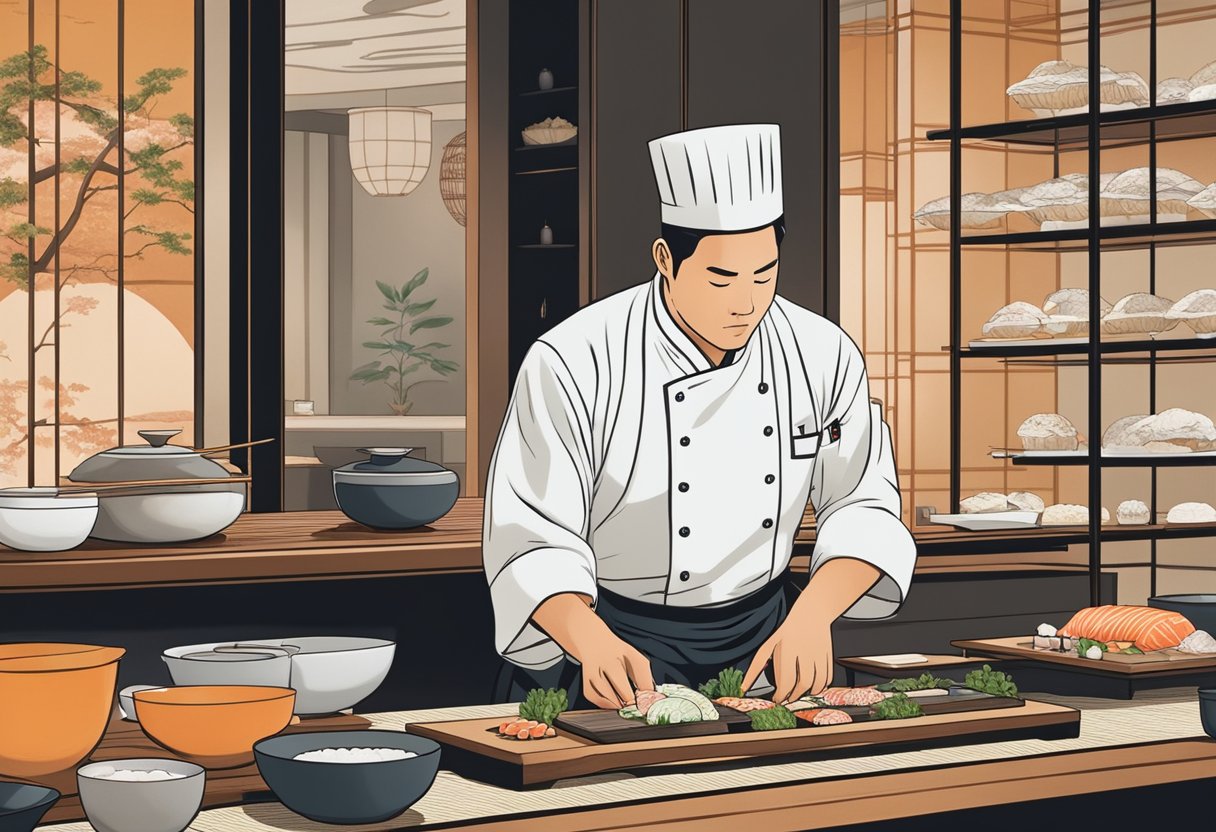 A chef prepares fresh sushi at Omakase Singapore, surrounded by traditional Japanese decor and elegant table settings