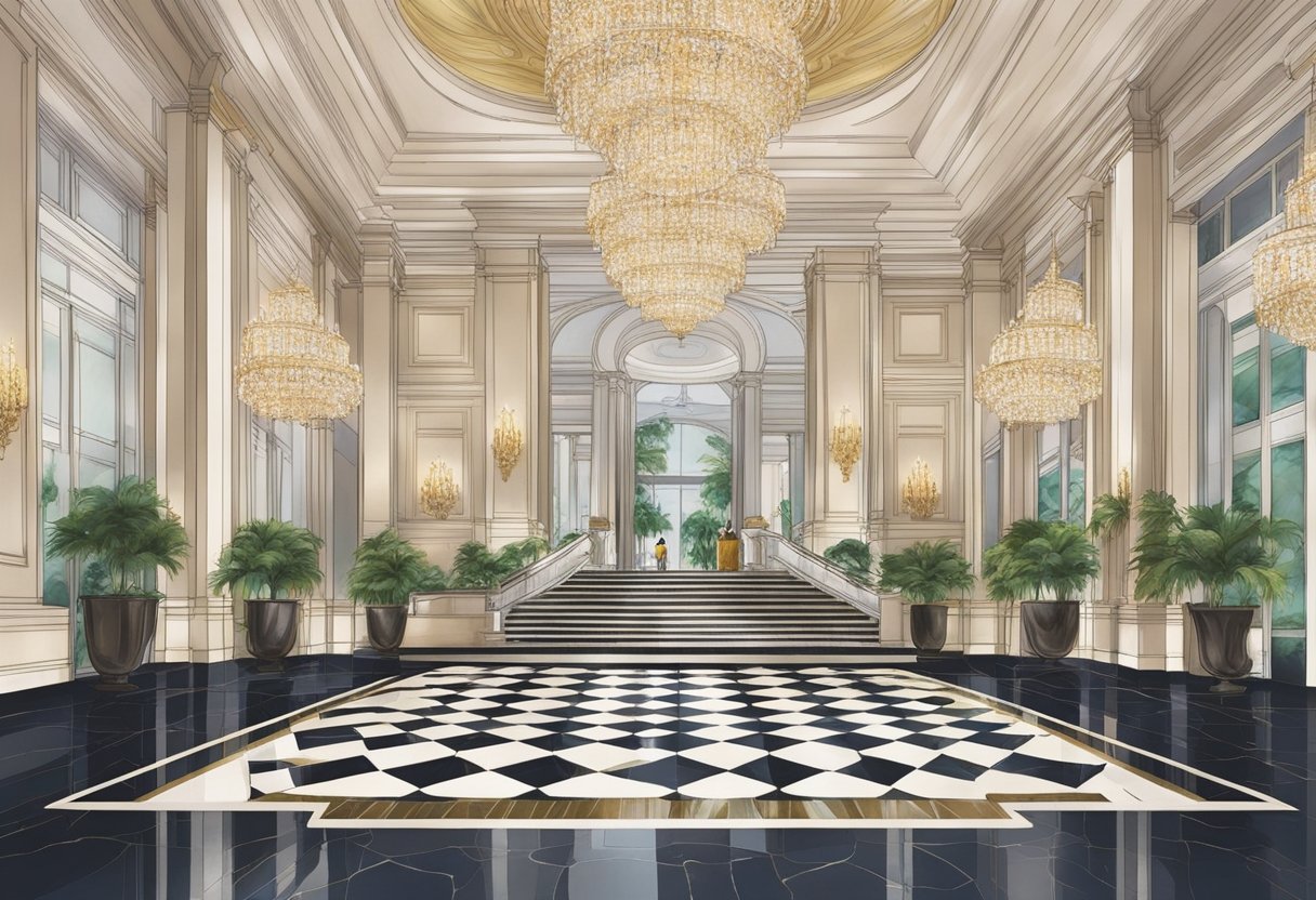 The grand lobby of St. Regis Singapore, with its ornate chandeliers, marble floors, and elegant staircase