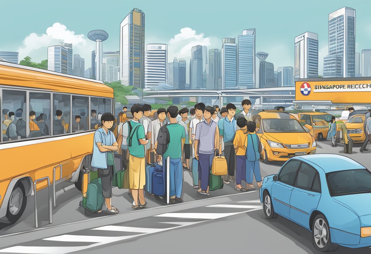 A line of vehicles waits at the Singapore checkpoint, while travelers consult information boards and staff assist with directions