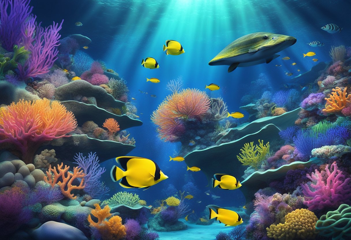 Colorful marine life swims among vibrant coral reefs in the S.E.A. Aquarium, Singapore. Rays of sunlight filter through the water, casting a mesmerizing glow on the underwater world