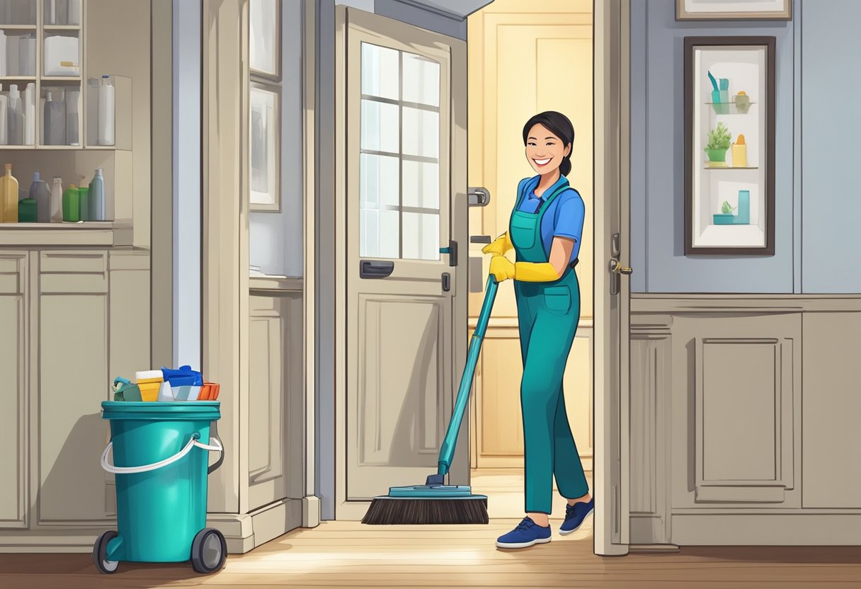 A smiling customer opens the door for a professional cleaner with a bucket of supplies, ready to provide top-notch home cleaning services in Singapore