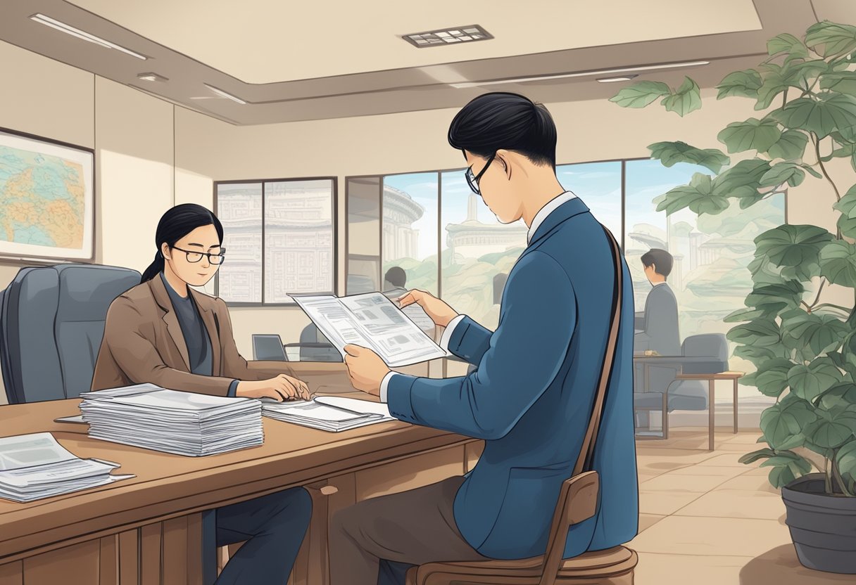 A traveler submitting documents and passport at a Chinese consulate, with a sign displaying "China Visa Requirements" in the background