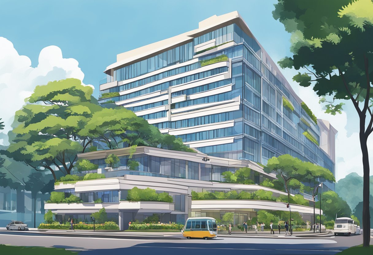 The Mercure Singapore on Stevens, with its modern architecture and lush greenery, stands tall against the clear blue sky