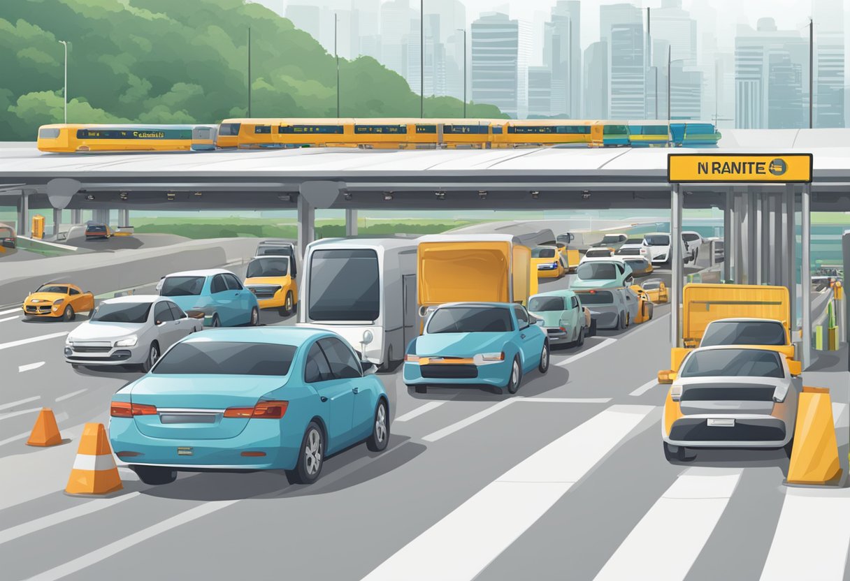 A long line of vehicles waits at the Singapore checkpoint, with signs indicating "Frequently Asked Questions" for travelers