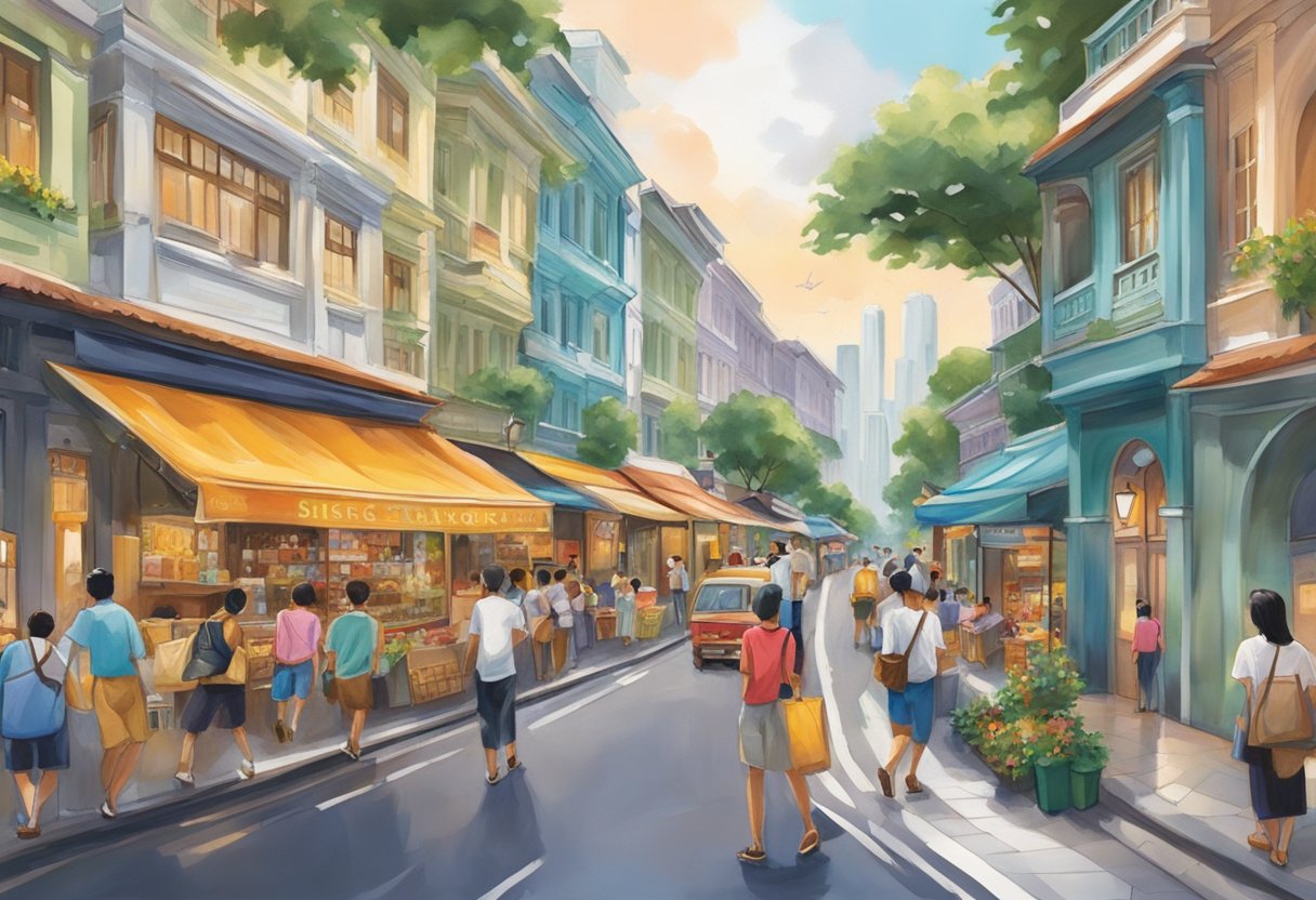 The bustling streets of Singapore come alive with vibrant colors and exotic scents, as the city's iconic landmarks create a stunning backdrop for the lively atmosphere