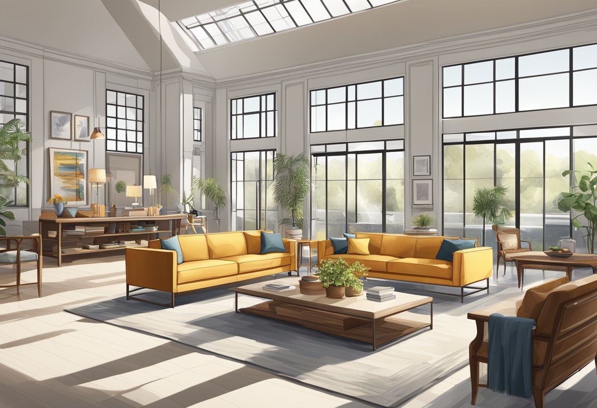 A bright, spacious furniture shop with modern and classic pieces displayed in organized sections. Large windows let in natural light, illuminating the showroom