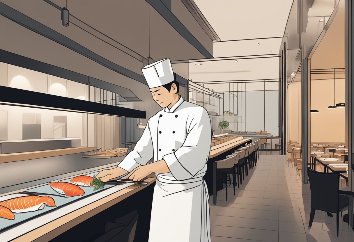 A sushi chef carefully selects and prepares fresh fish at a sleek omakase restaurant in Singapore. The minimalist decor and intimate atmosphere create a serene dining experience