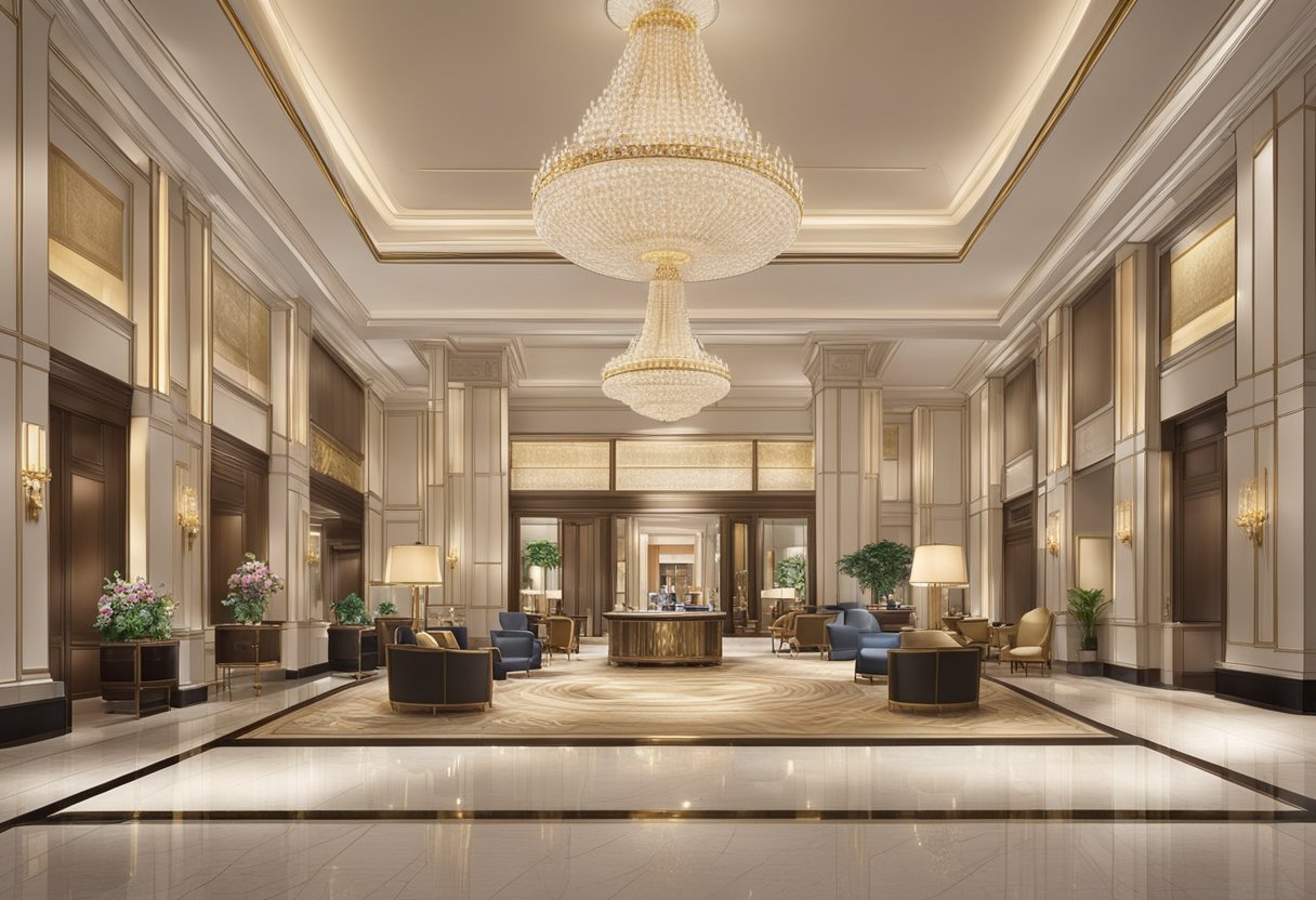 The scene shows a luxurious hotel lobby with a concierge desk, elegant seating areas, a grand chandelier, and a display of amenities and services offered at the St. Regis Singapore