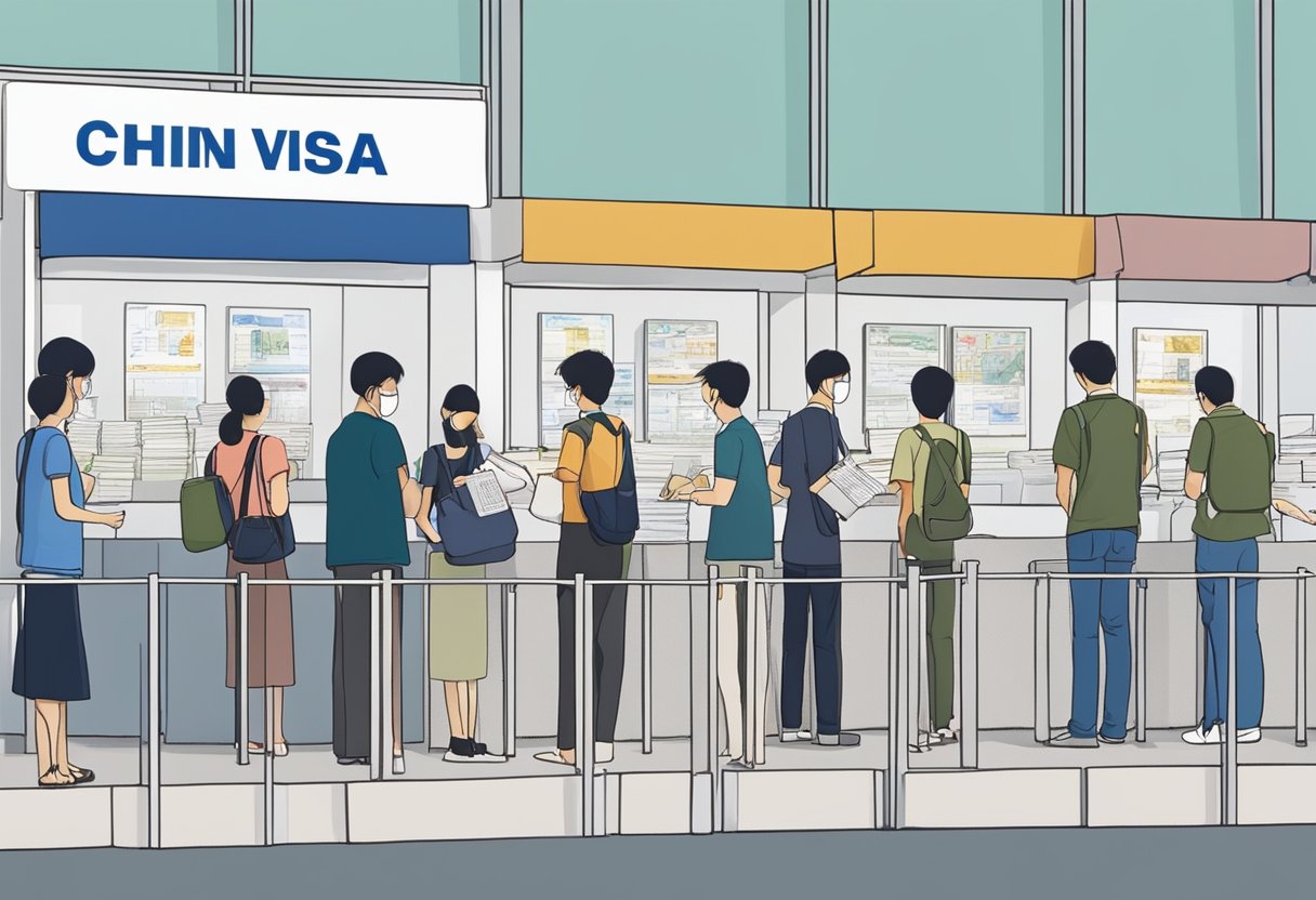 Applicants line up outside the China visa center in Singapore. A staff member checks documents and stamps passports