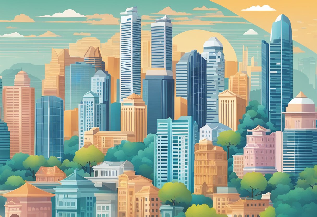 A city skyline with prominent landmarks in Singapore, with a focus on real estate properties to represent the impact of Additional Buyer's Stamp Duty (ABSD) in the country