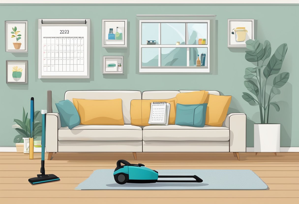 A tidy living room with a vacuum, mop, and cleaning supplies neatly arranged on a shelf. A calendar on the wall displays scheduled cleaning dates