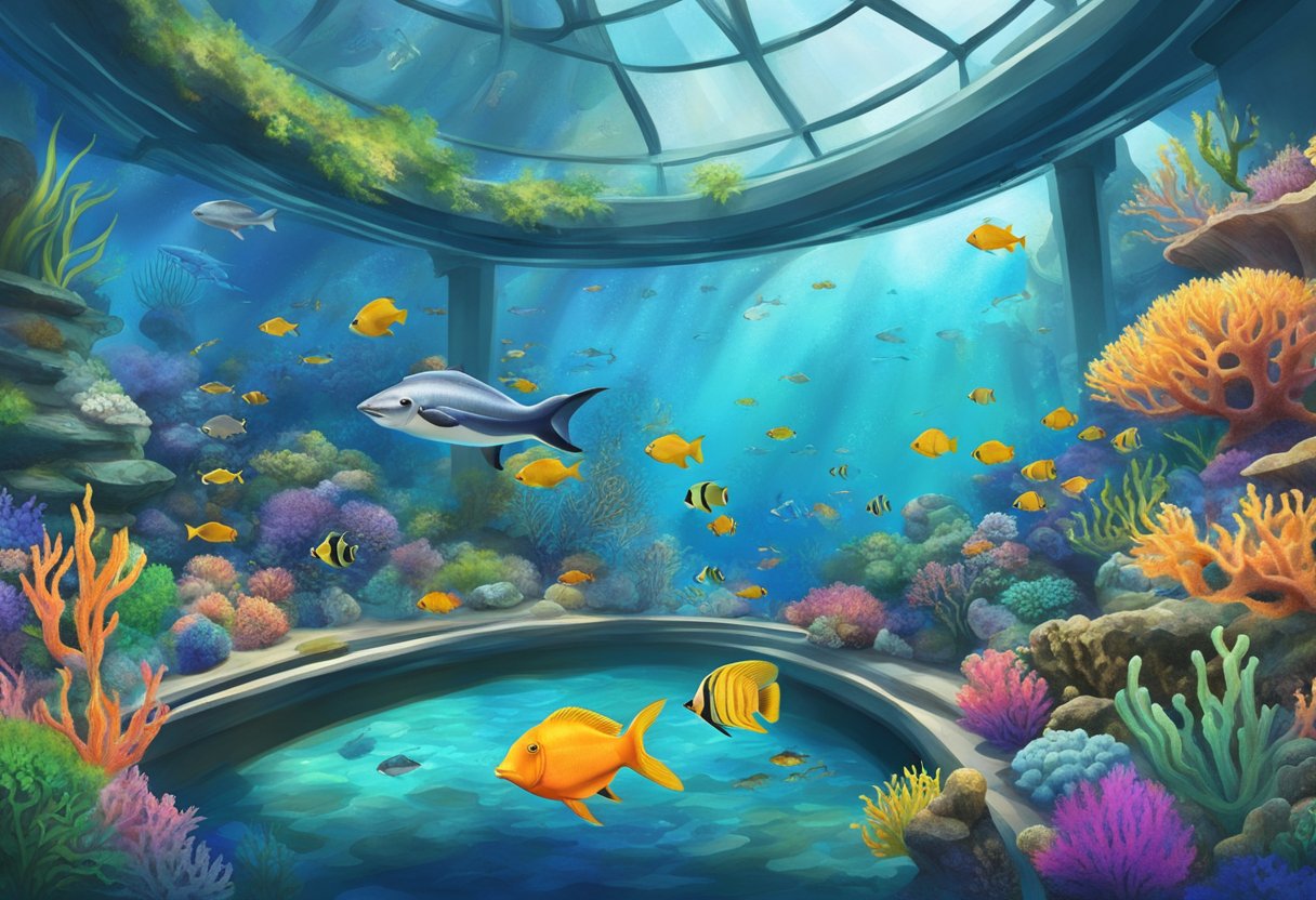 Visitors explore colorful tanks and diverse marine life at the Singapore Aquarium, surrounded by vibrant coral reefs and exotic underwater creatures
