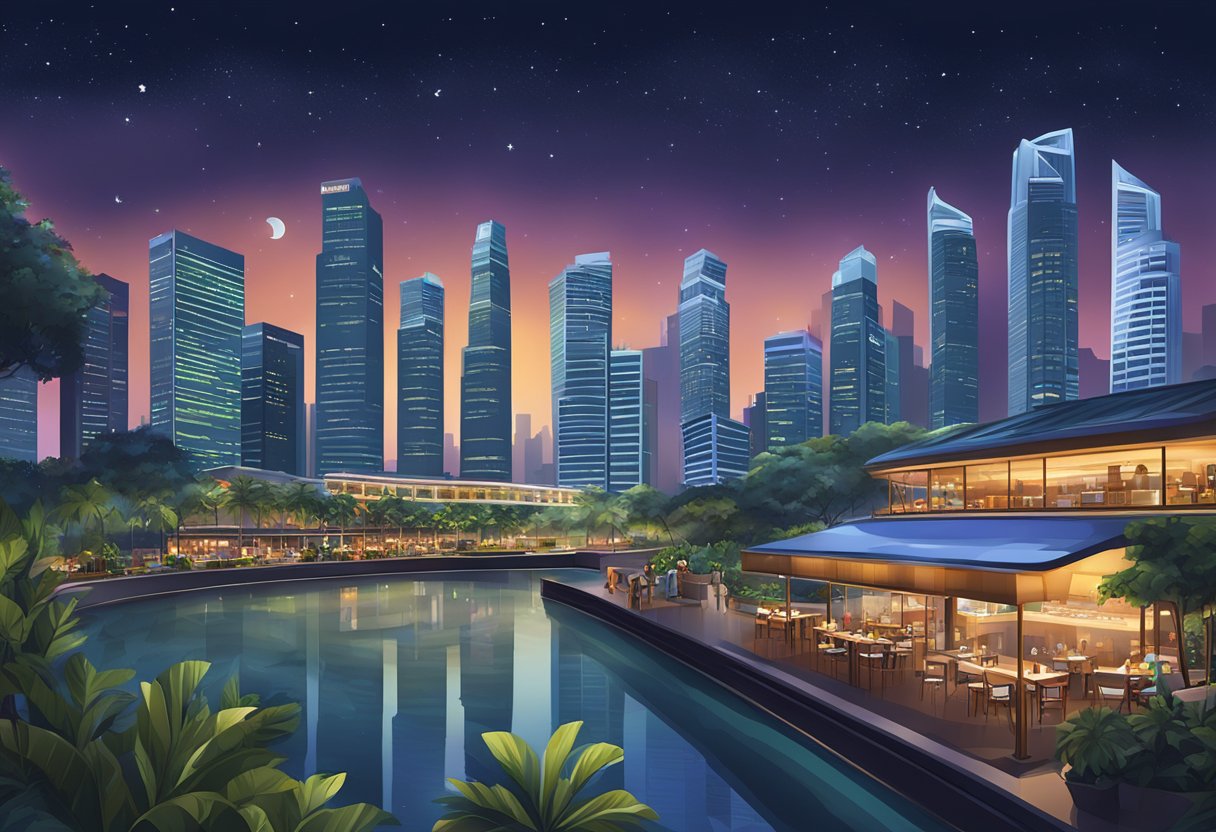 A vibrant cityscape of Singapore at night, with the iconic Cé La Vi rooftop bar and restaurant illuminated against the dark sky