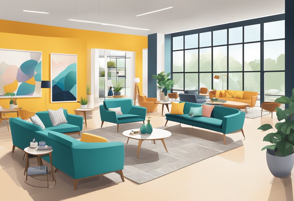 Customers browsing modern furniture in a spacious, well-lit showroom with sleek displays and vibrant decor