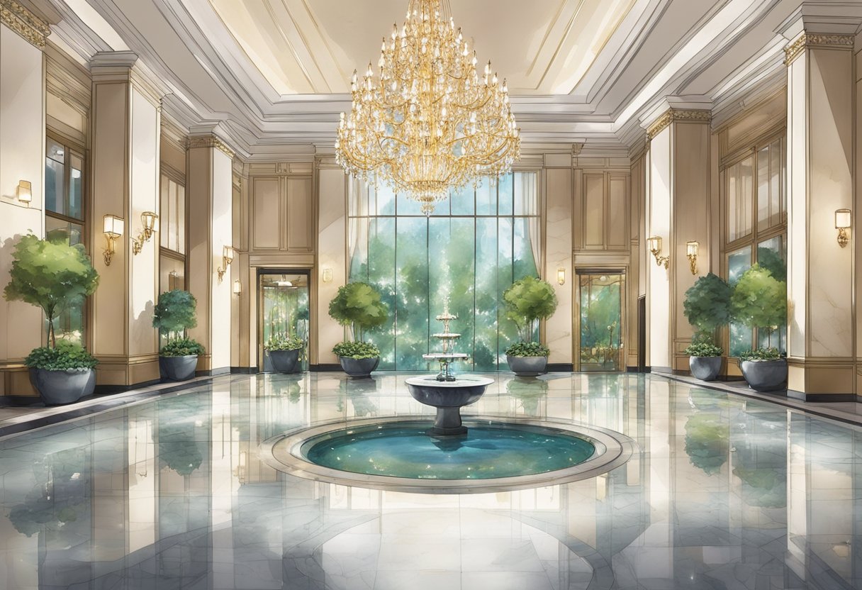 A grand lobby with marble floors and opulent chandeliers, overlooking a lush garden and reflecting pool at the St. Regis Singapore