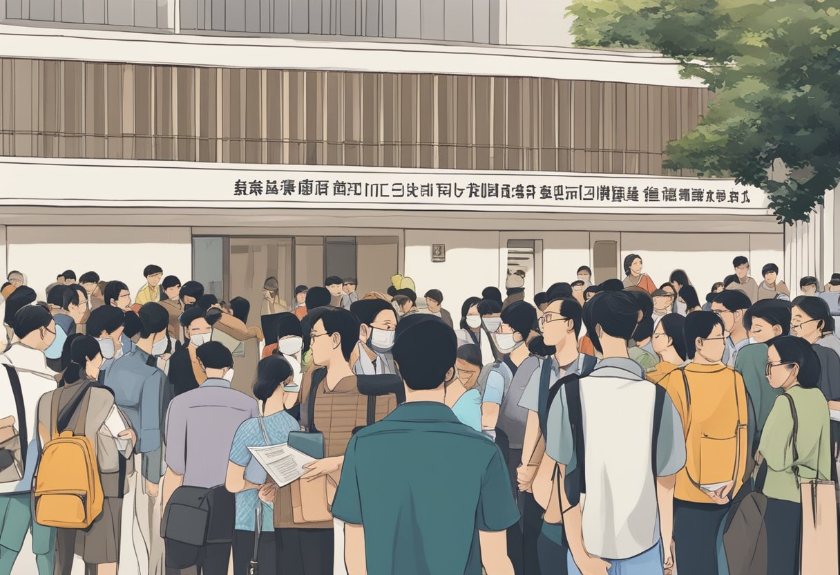 A line of people waits outside the Chinese embassy in Singapore, clutching paperwork and passports, while a sign reads "Frequently Asked Questions: China Visa."