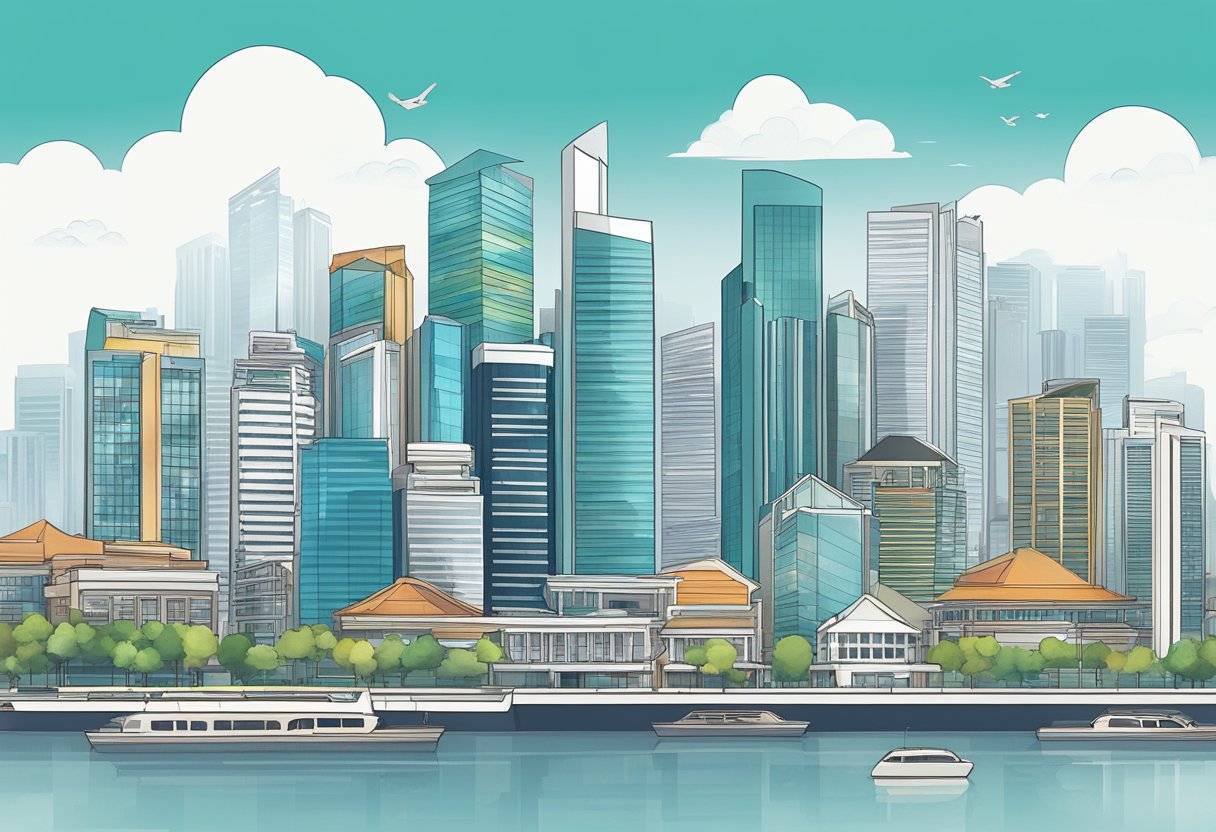 A city skyline with a prominent building representing the impact of the ABSd policy in Singapore, with other buildings around it exempt from the policy