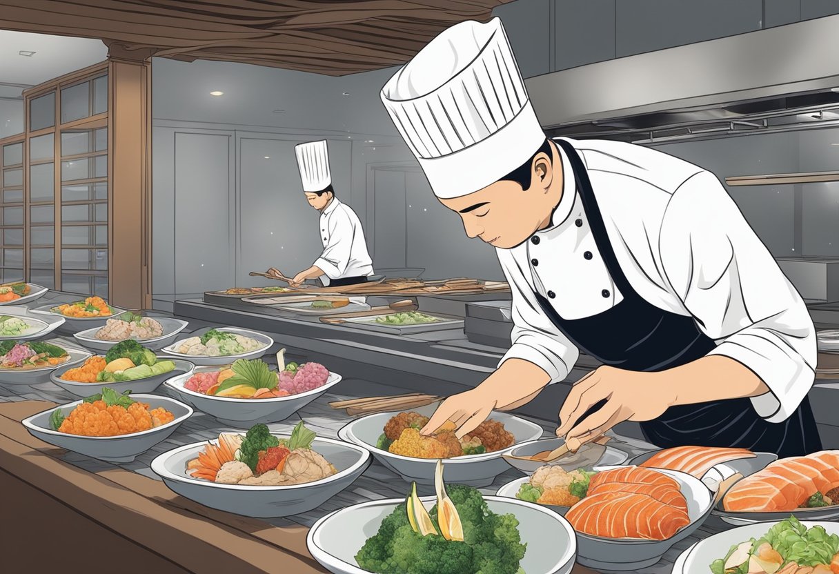 A chef carefully selects and prepares a variety of fresh and exquisite dishes for a traditional omakase dining experience